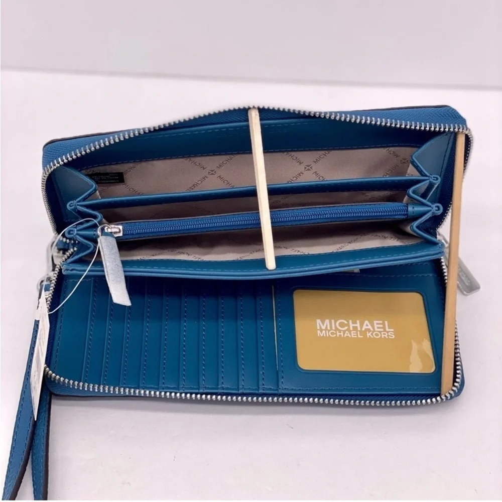 Michael Kors Large Leather Continental Wallet Wristlet Teal